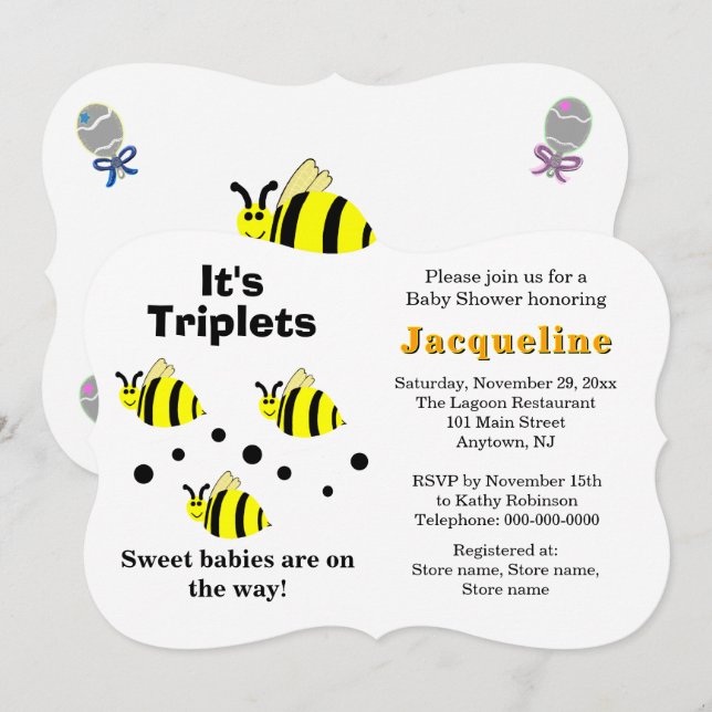 Invitación Triplets Bebé Amarillo Rata Baby Shower (Anverso / Reverso)