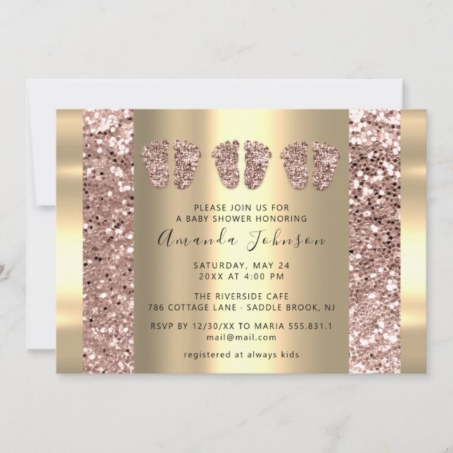 Invitación Triplets Rosa de pies de Baby Shower Purpurina niñ (Anverso)