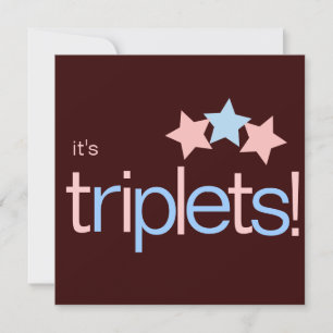 Invitación Triplets Stars Pink Blue Brown Baby Shower