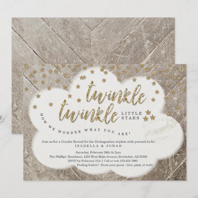 Invitación Triplets Twinkle Twinkle revelan género de estrell (Anverso / Reverso)