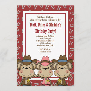 Invitación TRIPLETS Western Cowboy Monkeys 5x7 Cumpleaños