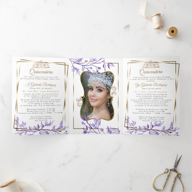 Invitación Tríptica 2 Foto Foliage Púrpura Mis Quince Años (Interior)