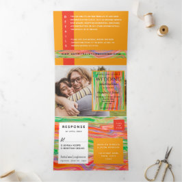 Invitación Tríptica 3 de cada 1 Naranja Boda fotográfico