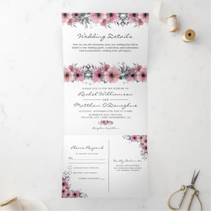 Invitación Tríptica 3 en 1 Boda Floral Acuarela Rosa Elegante