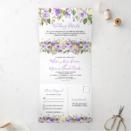 Invitación Tríptica 3 en 1 Boda floral púrpura rústico
