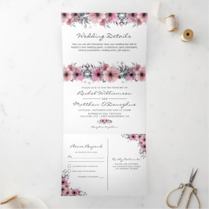 Invitación Tríptica 3 en 1 Elegante Boda de acuarela rosa Floral