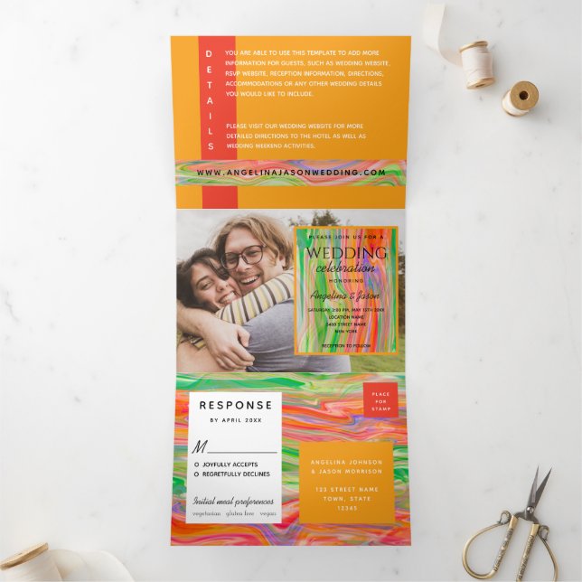 Invitación Tríptica 3 en 1 Foto Naranja Boda (Interior)