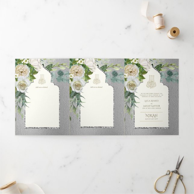Invitación Tríptica 6 pg NIKAH WALIMAH Boda plateado de verde blanco (Exterior)