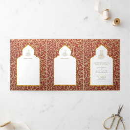 Invitación Tríptica 6 pg NIKAH WALIMAH Ornato Blanco Oro Rojo Tri-Fold