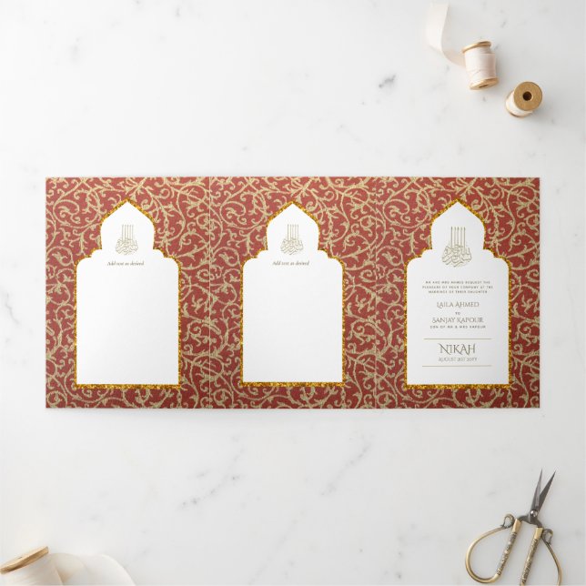 Invitación Tríptica 6 pg NIKAH WALIMAH Ornato Blanco Oro Rojo Tri-Fold (Exterior)