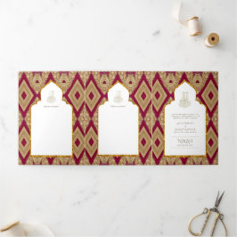 Invitación Tríptica 6 pg NIKAH WALIMAH Ornato Blanco Oro Rojo Tri-Fold
