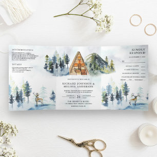 Invitación Tríptica A-Frame Cabin Lodge Winter Mountain Forest Boda