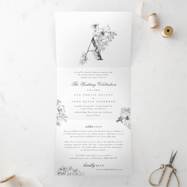 Invitación Tríptica 'A' Monograma Hermoso Boda floral esbozado (Interior)