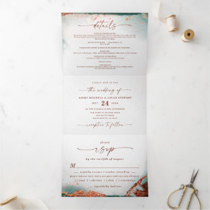 Invitación Tríptica Acuarela de abstracto moderno Terra Cotta Boda