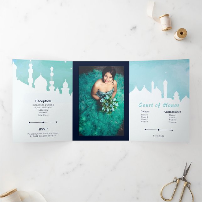 Invitación Tríptica Acuarela de Aqua Arabian Nights Quinceañera Tri-Fo (Interior)