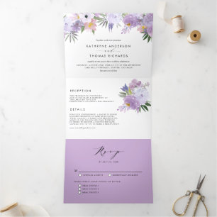Invitación Tríptica Acuarela Dusty Purple Flowers Boda Botánico