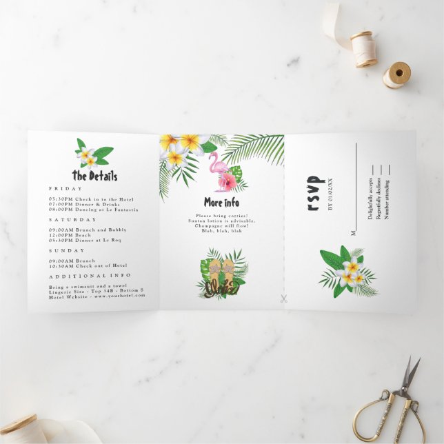 Invitación Tríptica Acuarela Exótica Aloha Luau Bachelorette Weekend (Interior)