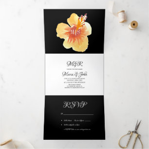 Invitación Tríptica Acuarela Hibisco Verano Tropical Amarillo Naranja