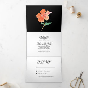 Invitación Tríptica Acuarela Hibisco Verano Tropical Naranja