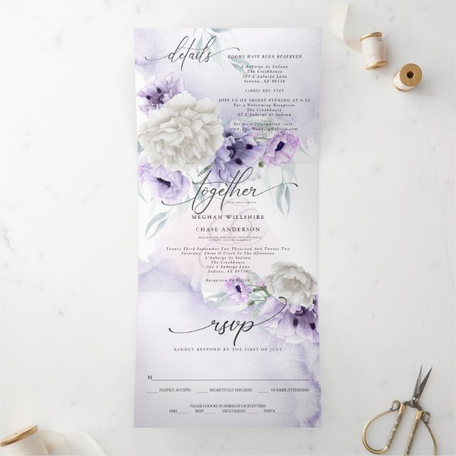Invitación Tríptica Acuarela Lilac Floral ALL IN ONE BODA (Interior)