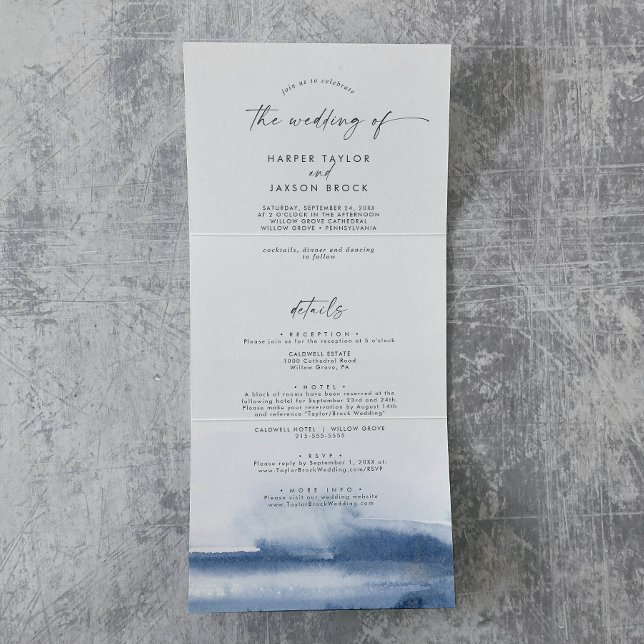 Invitación Tríptica Acuarela moderna | Boda fotográfico azul todo en u (Subido por el creador)