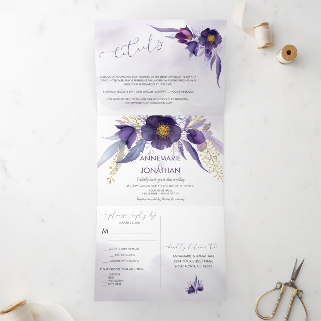 Invitación Tríptica Acuarela Morado Oro Rosa Boda Floral (Interior)