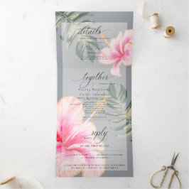Invitación Tríptica Acuarela Rusa Rosa Hibiscus Boda Floral
