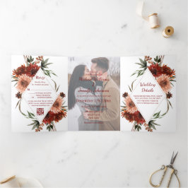 Invitación Tríptica acuarela Terracota Otoño marrón foto boda