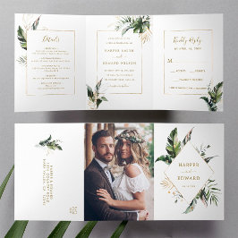 Invitación Tríptica Acuarela tropical deja Boda de marco dorado