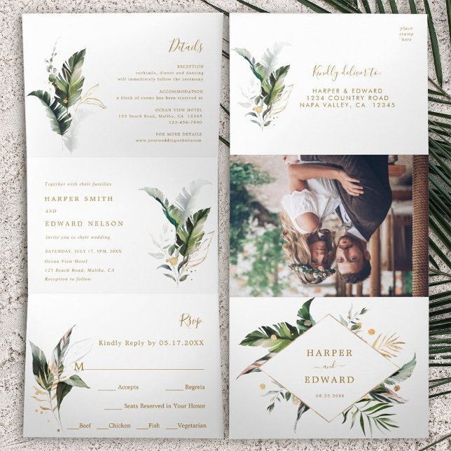 Invitación Tríptica Acuarela tropical deja Boda de oro (Inside & Outside)