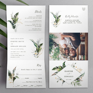 Invitación Tríptica Acuarela tropical deja Boda verde