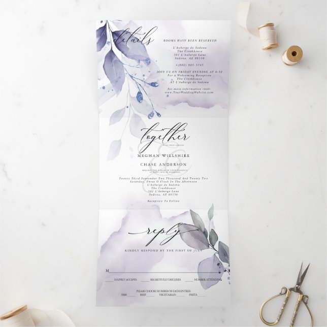 Invitación Tríptica Acuarela Violeta Leafy TODO EN UN BODA (Interior)