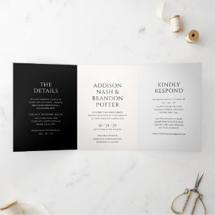 Invitación Tríptica Addison Black Gray Classic Elegant Wedding