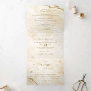 Invitación Tríptica Amarillo elegante con Boda de Mármol Relieve metal