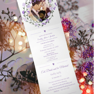Invitación Tríptica Amethyid Orchid Purple Lilac Peony Boda Floral