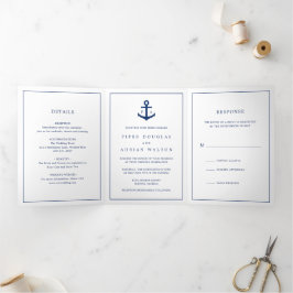 Invitación Tríptica Ancla Monograma Azul Marino Elegante Boda Náutica