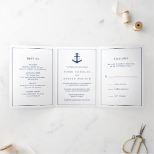 Invitación Tríptica Ancla Monograma Azul Marino Elegante Boda Náutica