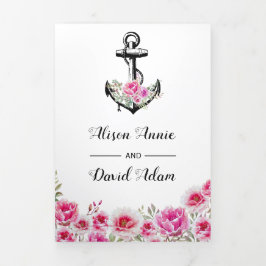 Invitación Tríptica Ancla vintage flores rosadas boda náutica