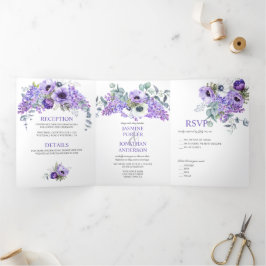 Invitación Tríptica Anémonas moradas y blancas, floral morada de lino