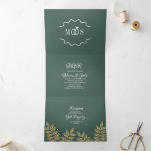 Invitación Tríptica Anillo de Logotipo de Boda con Verde de Hoja Moder