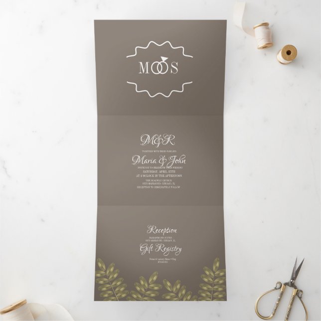 Invitación Tríptica Anillo de Verde con Hojalata Moderno Logo de Boda (Interior)