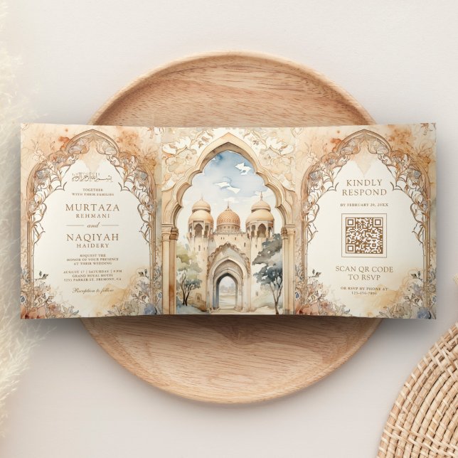Invitación Tríptica Antiguo Arco del Palacio Árabe Código QR Boda musu (Subido por el creador)