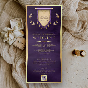 Invitación Tríptica Antiguo Rollo de Oro Púrpura Medieval Boda