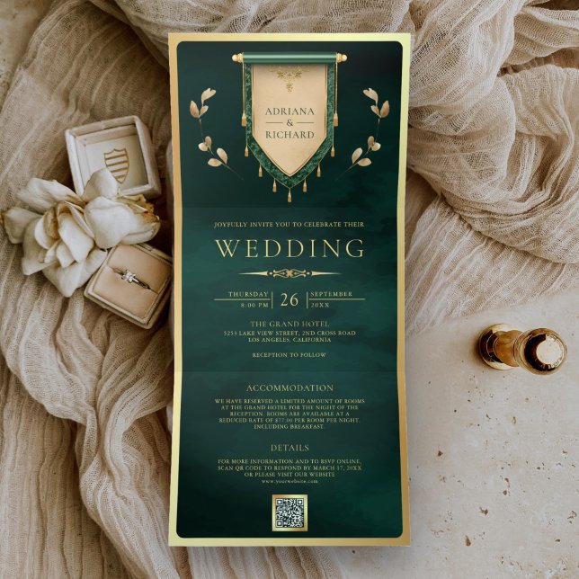 Invitación Tríptica Antiguo Verde Esmeralda Oro Rollo Medieval Boda (Subido por el creador)