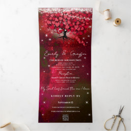 Invitación Tríptica Árbol de hoja de corazón rojo y rosa en boda negra