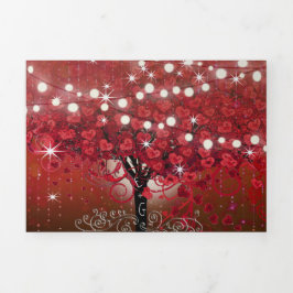 Invitación Tríptica Árbol de hoja de corazón rojo y rosa sobre boda ne