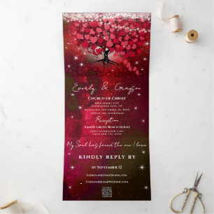 Invitación Tríptica Árbol de hojas de corazón rojo y rosado en Boda ne