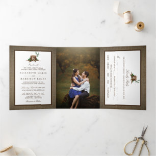 Invitación Tríptica Árbol de monograma rústico y Boda Burlap