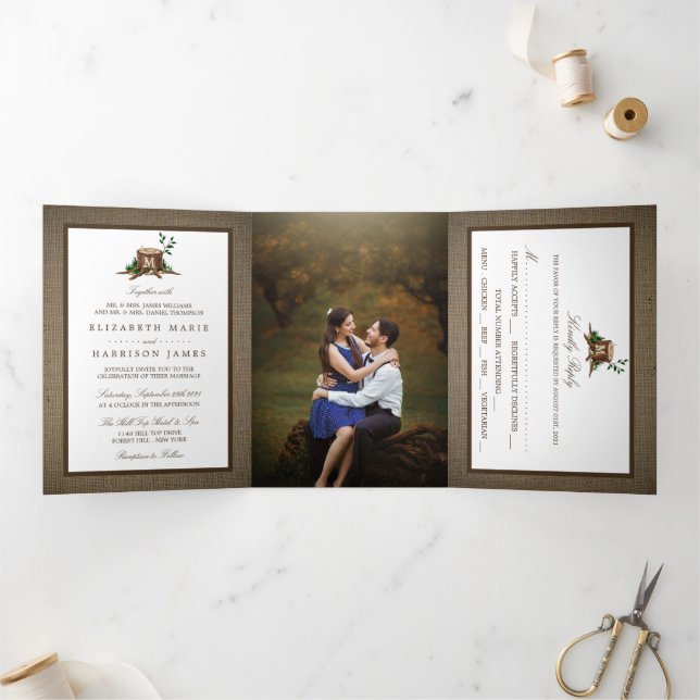 Invitación Tríptica Árbol de monograma rústico y Boda Burlap (Interior)