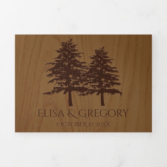 Invitación Tríptica árboles de coníferas Grabado en relieve, boda rúst (Foto de portada)